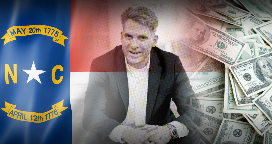 Image shows a photo of Greg Lindberg and the North Carolina flag and money