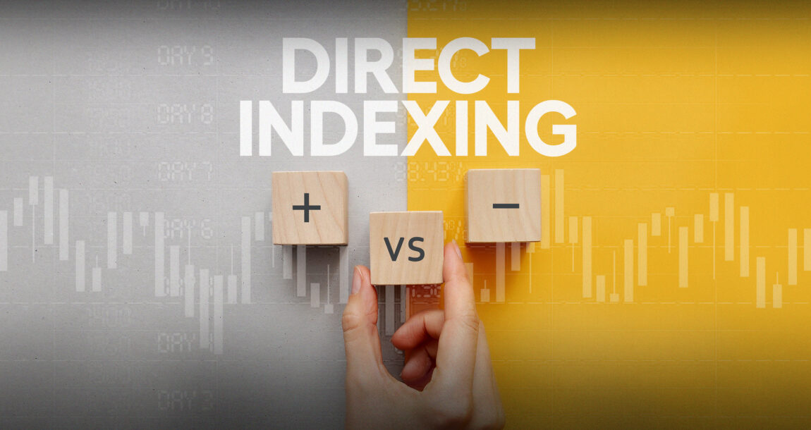 Image of graphic lines with "+ vs -" superimposed. Report-examines-pros-cons-of-direct-indexing.