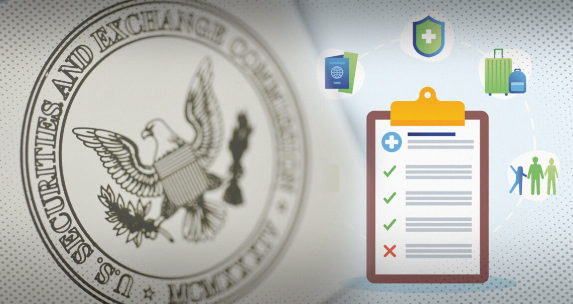 Image of list of items on a clipboard against a background that includes the Securities and Exchange Commission logo.