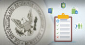 Image of list of items on a clipboard against a background that includes the Securities and Exchange Commission logo.