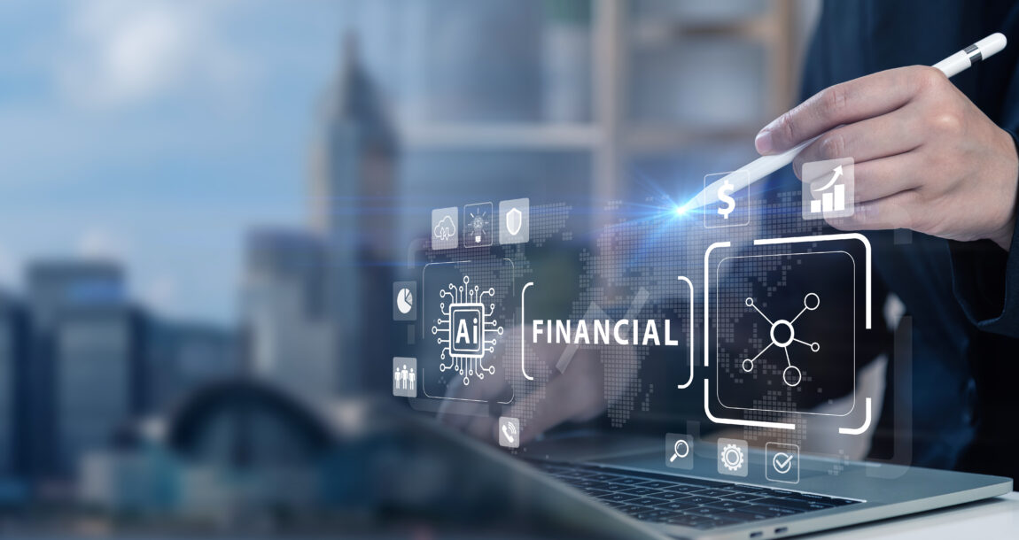 Image of AI and financial symbols superimposed over a background of skyscrapers in a business district.