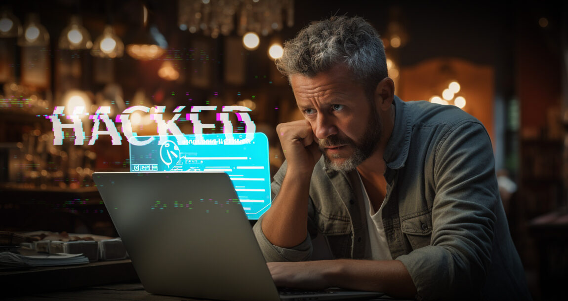 Image of a person staring glumly at his computer, with the words "Hacked" superimposed.