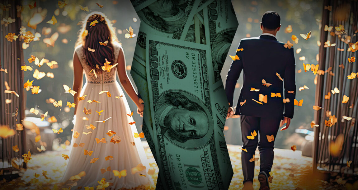 Couple dressed in wedding outfits hold hands with giant-sized $100 bills.