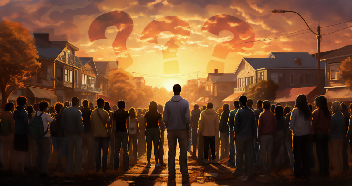 Image of a large group of people standing ni the streets looking back at their homes with a strong glow in the background, with question marks superimposed over the image.