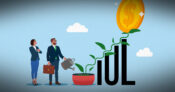 Illustration of a man and woman watering a plant (labeled IUL) that is growing rapidly.