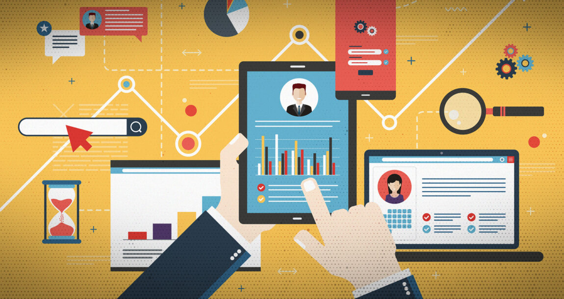 Illustration showing a figure using the components of a client portal.