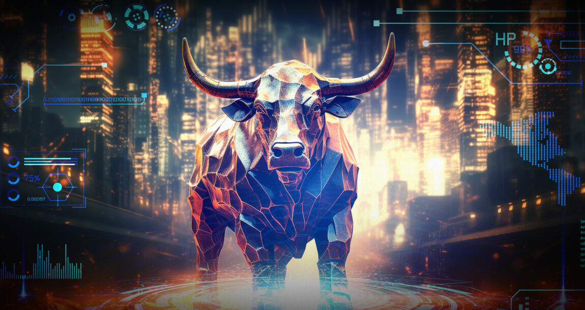 Image of a robotic looking bull with symbols of artificial intelligence surrounding it.