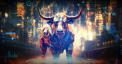 Image of a robotic looking bull with symbols of artificial intelligence surrounding it.