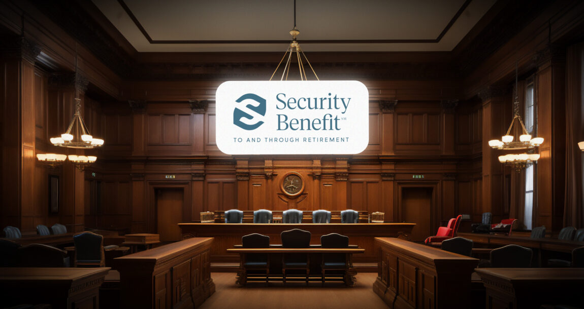 Image shows a courtroom setting with the Security Benefit logo in front