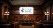 Image shows a courtroom setting with the Security Benefit logo in front