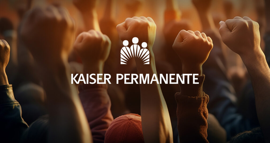 Image of striking workers with the Kaiser logo superimposed.