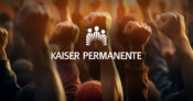 Image of striking workers with the Kaiser logo superimposed.