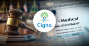 Image shows the Cigna logo over lawsuit imagry.