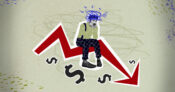 Illustration of a dejected person sitting on a downward pointing arrow, surrounded by dollar signs.
