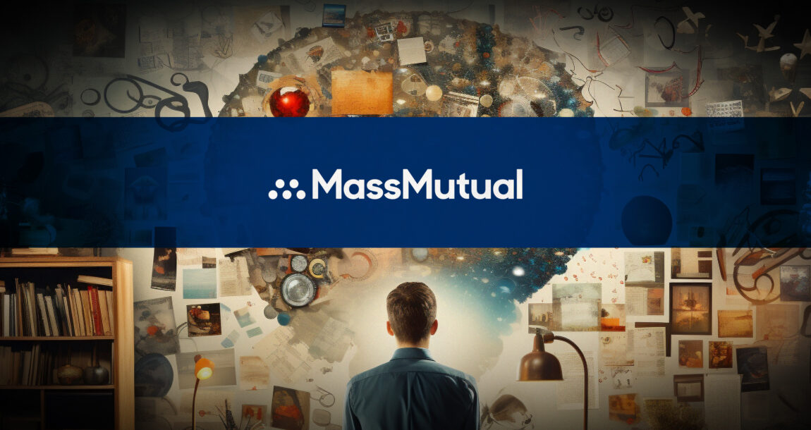 Person looking away at numerous objects that symbolize a healthy lifestyle and behavioral insurance, with the MassMutual logo superimposed.