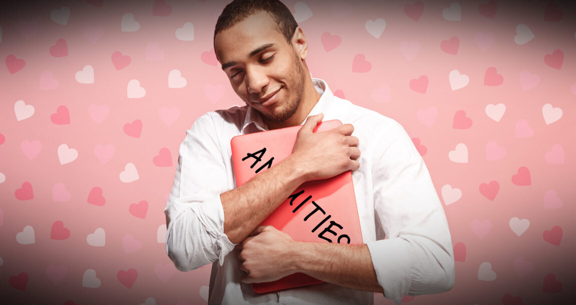 Image shows a man hugging a sign with "annuities" printed on it.