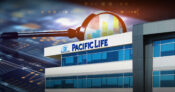 Image shows a giant magnifying glass and a Pacific Life office building.