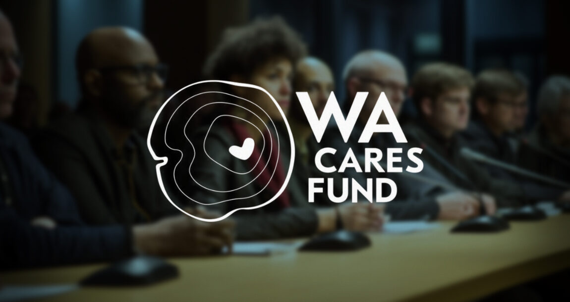 Picture of panel deliberating around a table, with the WA Cares Fund logo superimposed.