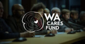 Picture of panel deliberating around a table, with the WA Cares Fund logo superimposed.