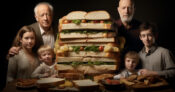 Group of people of assorted ages surrounding a huge, multilayered sandwich.