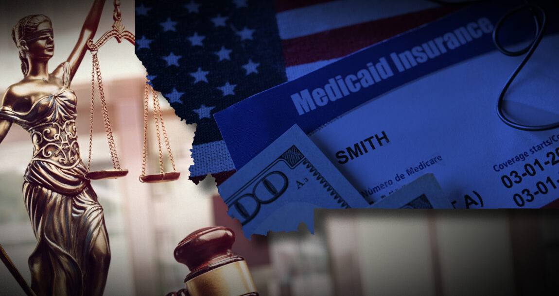 Image with a collection of symbols related to Medicaid, including an American flag,