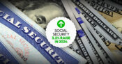 Social Security card and cash piled up with the words "Social Security: 3.2% raise in 2024"