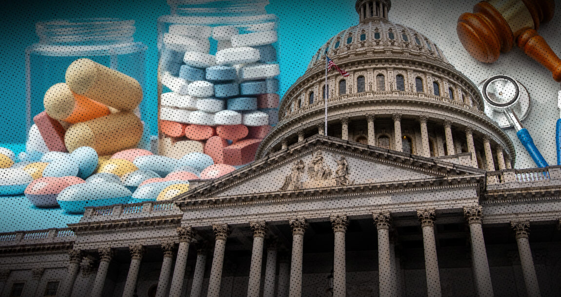 Image of Congress with images of prescription pills in the background.