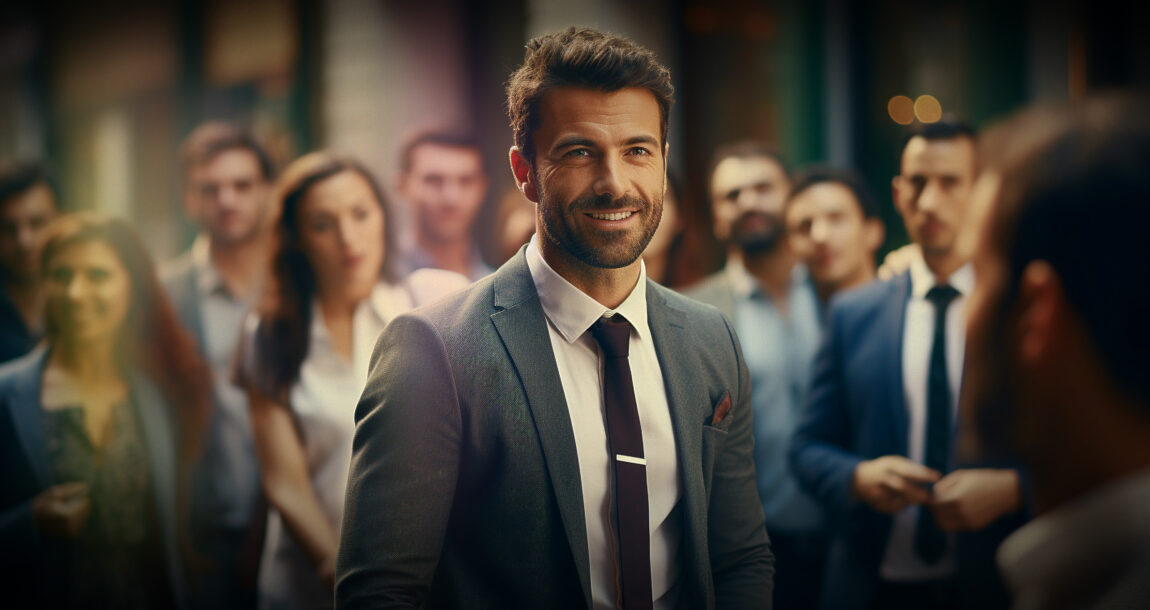 Photo of a man in a business suit, smiling, and standing in the midst of a crowd of other business people watching him.