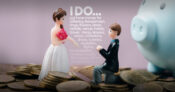Illustration of a bride and groom next to a large looming piggy bank, with the words "I DO not have the money for:" with a long list of wedding expenses.