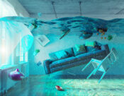 Illustration showing a flooded room in a home with furniture underwater.