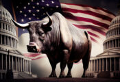 Image of Wall Street bull standing amid images of Congress with a large American flag in the sky.