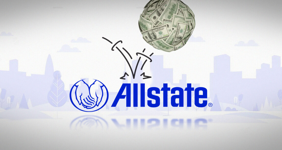 A wad of money bouncing like a ball with the Allstate logo superimposed.