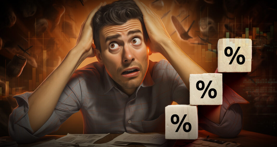 Illustration of a man looking very worried in the foreground with many forms in the background, and blocks with percent signs in a growing stack superimposed.