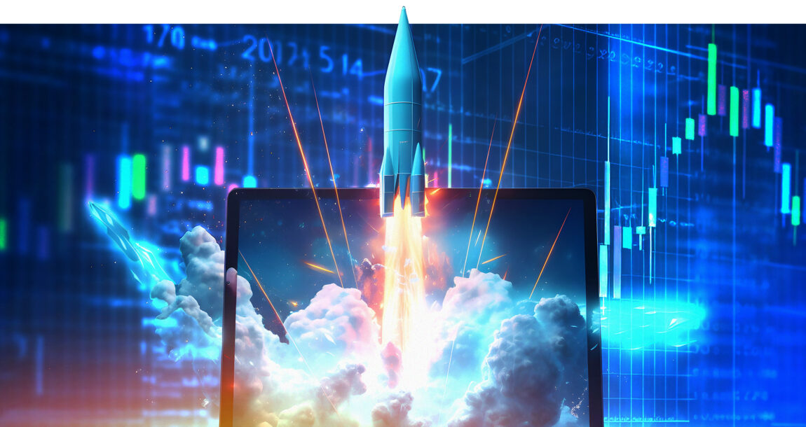 Image of charts and graphs showing growth, with the image of a rocketship blasting off, superimposed.