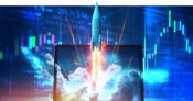 Image of charts and graphs showing growth, with the image of a rocketship blasting off, superimposed.