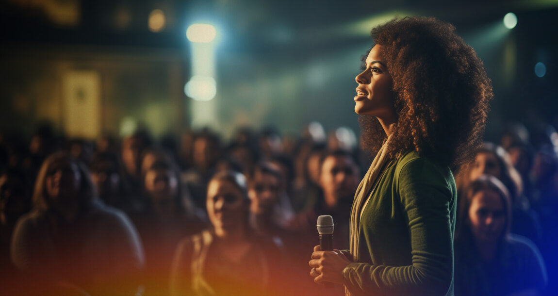 Woman of color speaking in front of a large audience.