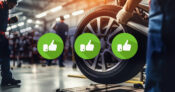 Image of tire being replaced in a auto service bay, with three thumbs up icon superimposed over the image.