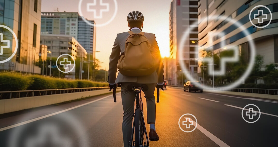 Man riding a bike down the middle of the street in what looks like a financial district, with plus sign superimposed around him.