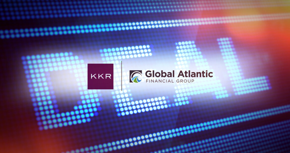 Image with the word "Deal" in bright lights with the logos for KKR and Global Atlantic Financial Group superimposed.