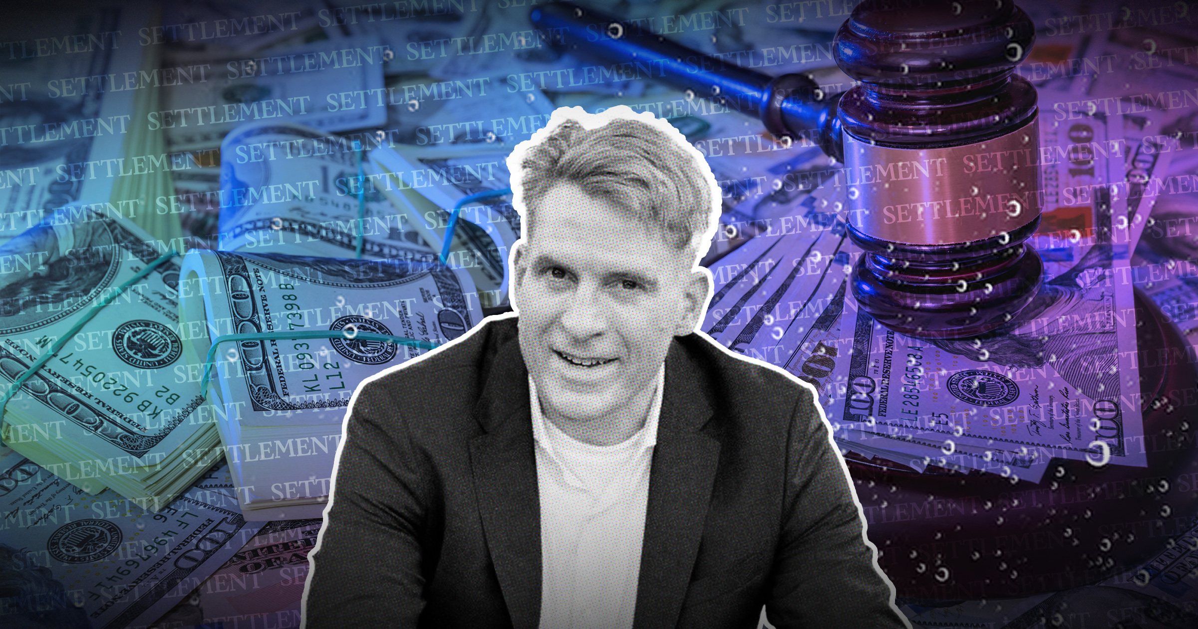 Image shows a picture of Greg Lindberg against a backdrop of money and a gavel. Judge grants government $1.5M forfeiture from Greg Lindberg.
