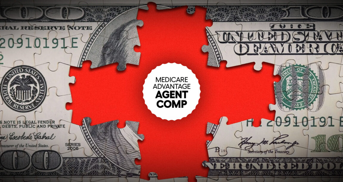 Image of a $100 bill with a red "X" superimposed that has the words "Medicare Advantage Agent Comp".