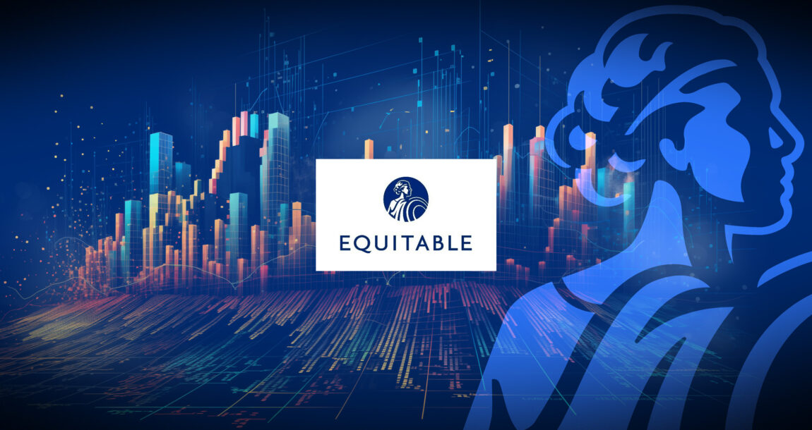 Equitable Holding logo superimposed over financial charts and graphs.