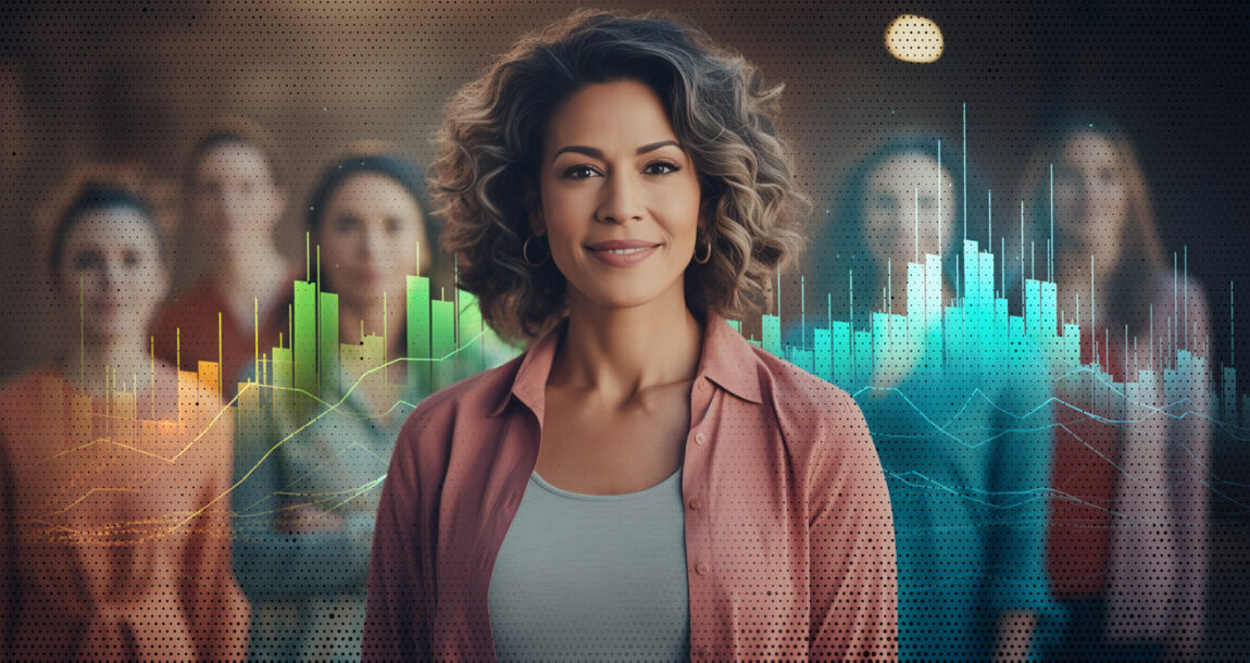 A group of women pictured against a background of financial charts showing upward growth.