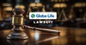 Picture of a gavel and the scales of justice, with the words "Globe Life lawsuit" superimposed.