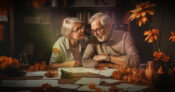 Illustration of an older couple pouring over forms spread across a table and looking concerned.
