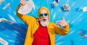 Image of an older man dancing and enjoying himself, holding a wad of cash, with dollars flying away.