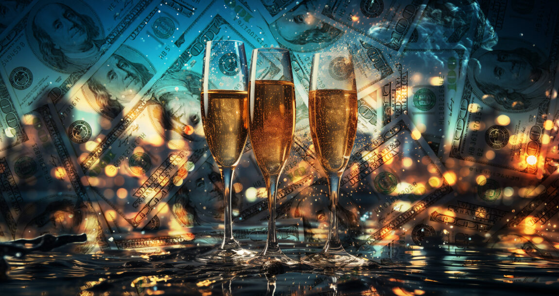 Champagne glasses against a festive backdrop decorated with cash and bills.