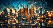 Champagne glasses against a festive backdrop decorated with cash and bills.