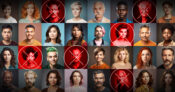Collection of images of people of different ethnicities and sexes with some having an "X" through their photo.
