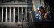 Workman in working gear superimposed over image of a court building.